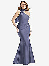 Front View Thumbnail - French Blue Scarf Neck One-Shoulder Stretch Satin Mermaid Dress with Slight Train