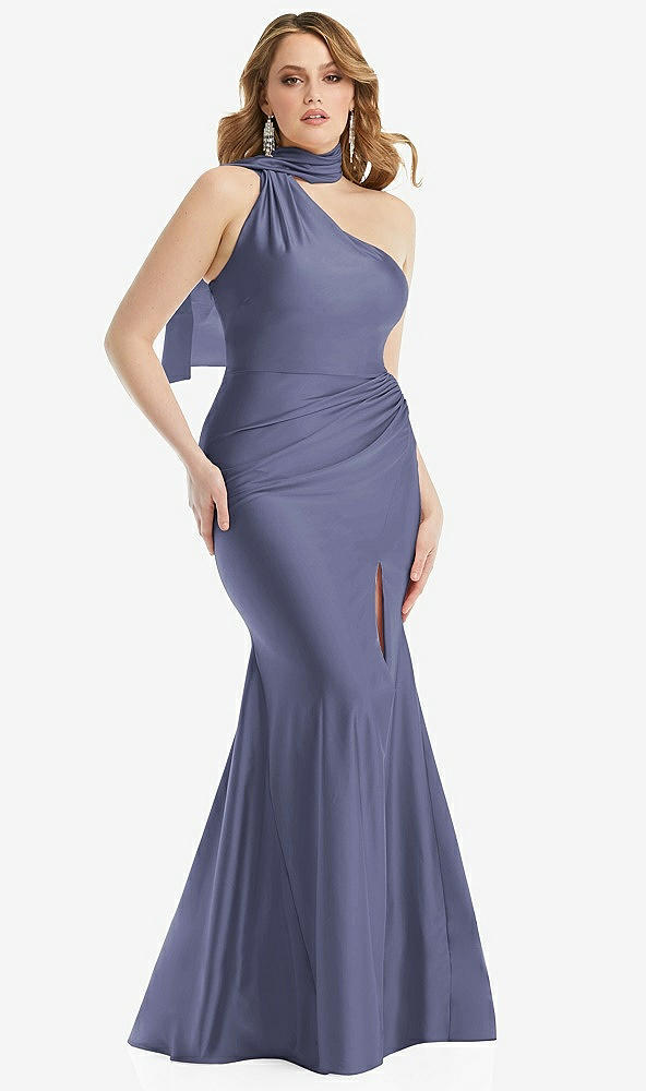 Front View - French Blue Scarf Neck One-Shoulder Stretch Satin Mermaid Dress with Slight Train