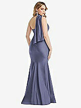 Rear View Thumbnail - French Blue Scarf Neck One-Shoulder Stretch Satin Mermaid Dress with Slight Train