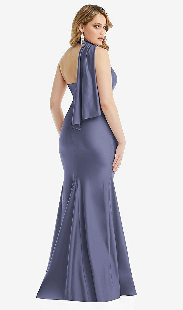 Back View - French Blue Scarf Neck One-Shoulder Stretch Satin Mermaid Dress with Slight Train