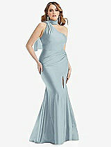 Front View Thumbnail - Mist Scarf Neck One-Shoulder Stretch Satin Mermaid Dress with Slight Train