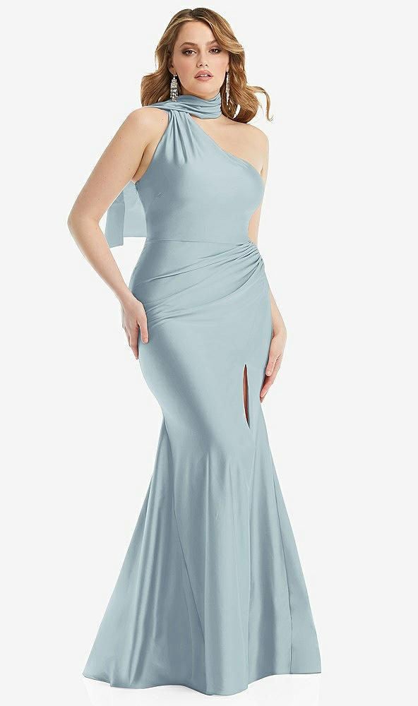 Front View - Mist Scarf Neck One-Shoulder Stretch Satin Mermaid Dress with Slight Train