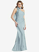 Side View Thumbnail - Mist Scarf Neck One-Shoulder Stretch Satin Mermaid Dress with Slight Train