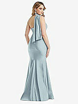 Rear View Thumbnail - Mist Scarf Neck One-Shoulder Stretch Satin Mermaid Dress with Slight Train