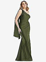 Alt View 1 Thumbnail - Olive Green Scarf Neck One-Shoulder Stretch Satin Mermaid Dress with Slight Train