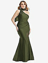 Front View Thumbnail - Olive Green Scarf Neck One-Shoulder Stretch Satin Mermaid Dress with Slight Train