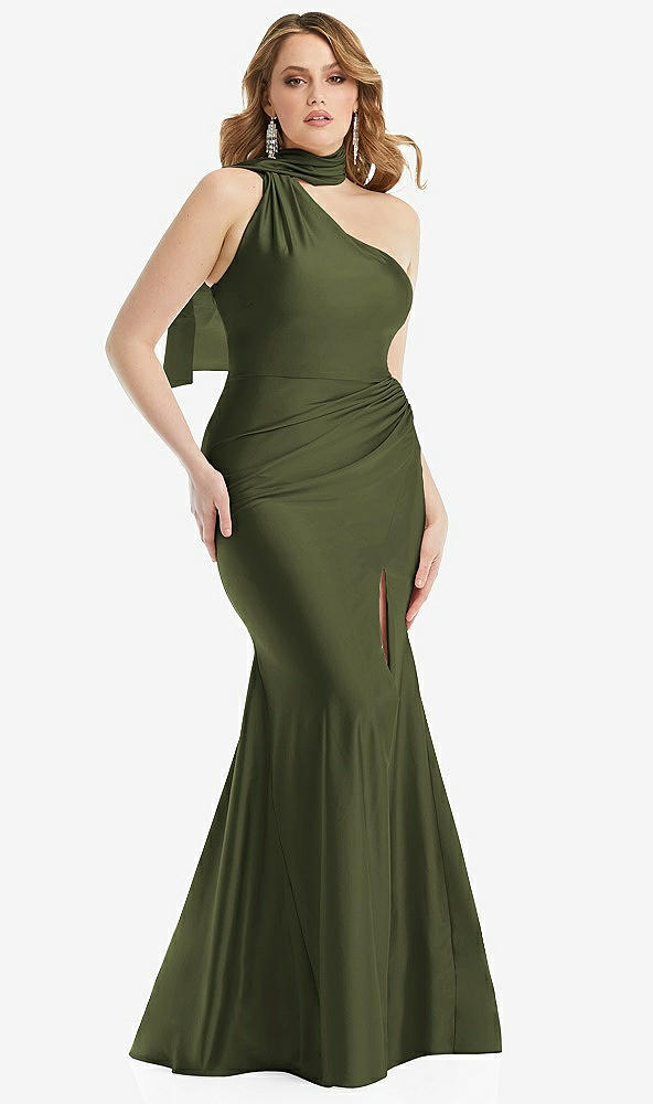 Front View - Olive Green Scarf Neck One-Shoulder Stretch Satin Mermaid Dress with Slight Train