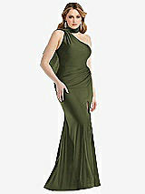 Side View Thumbnail - Olive Green Scarf Neck One-Shoulder Stretch Satin Mermaid Dress with Slight Train