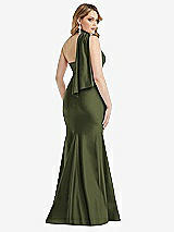 Rear View Thumbnail - Olive Green Scarf Neck One-Shoulder Stretch Satin Mermaid Dress with Slight Train
