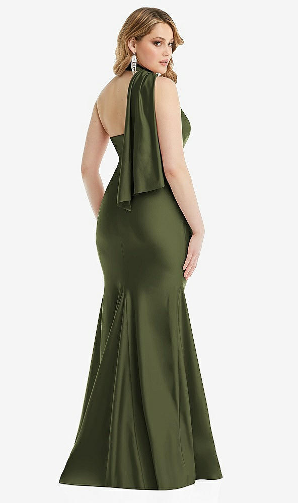 Back View - Olive Green Scarf Neck One-Shoulder Stretch Satin Mermaid Dress with Slight Train