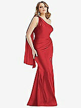 Alt View 1 Thumbnail - Poppy Red Scarf Neck One-Shoulder Stretch Satin Mermaid Dress with Slight Train