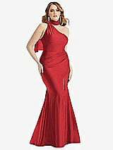 Front View Thumbnail - Poppy Red Scarf Neck One-Shoulder Stretch Satin Mermaid Dress with Slight Train