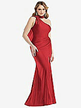 Side View Thumbnail - Poppy Red Scarf Neck One-Shoulder Stretch Satin Mermaid Dress with Slight Train