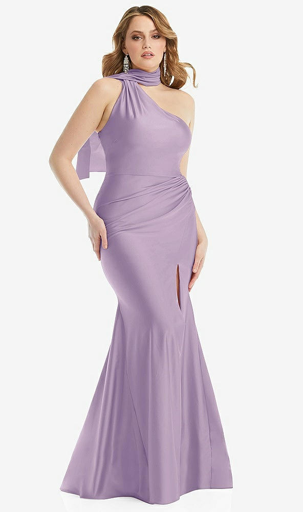Front View - Pale Purple Scarf Neck One-Shoulder Stretch Satin Mermaid Dress with Slight Train