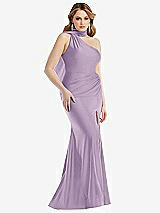 Side View Thumbnail - Pale Purple Scarf Neck One-Shoulder Stretch Satin Mermaid Dress with Slight Train