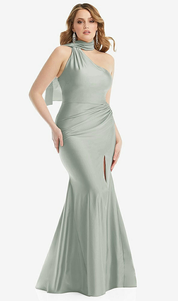 Front View - Willow Green Scarf Neck One-Shoulder Stretch Satin Mermaid Dress with Slight Train