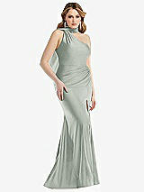 Side View Thumbnail - Willow Green Scarf Neck One-Shoulder Stretch Satin Mermaid Dress with Slight Train