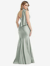 Rear View Thumbnail - Willow Green Scarf Neck One-Shoulder Stretch Satin Mermaid Dress with Slight Train