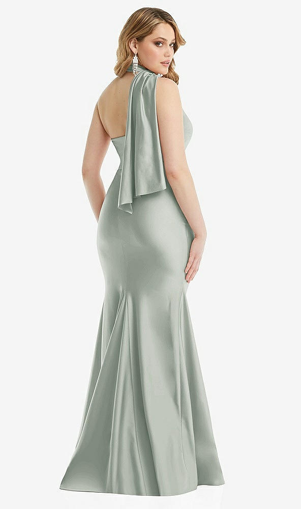 Back View - Willow Green Scarf Neck One-Shoulder Stretch Satin Mermaid Dress with Slight Train