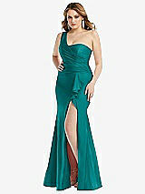 Front View Thumbnail - Peacock Teal One-Shoulder Bustier Stretch Satin Mermaid Dress with Cascade Ruffle