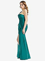 Side View Thumbnail - Peacock Teal One-Shoulder Bustier Stretch Satin Mermaid Dress with Cascade Ruffle