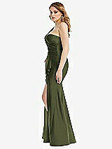 Side View Thumbnail - Olive Green One-Shoulder Bustier Stretch Satin Mermaid Dress with Cascade Ruffle