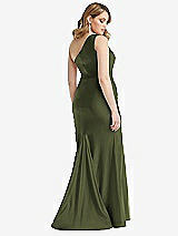 Rear View Thumbnail - Olive Green One-Shoulder Bustier Stretch Satin Mermaid Dress with Cascade Ruffle