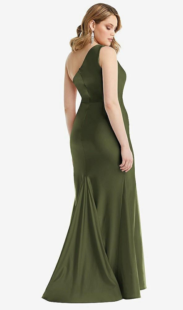 Back View - Olive Green One-Shoulder Bustier Stretch Satin Mermaid Dress with Cascade Ruffle