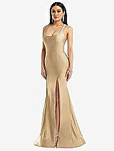 Front View Thumbnail - Soft Gold Square Neck Stretch Satin Mermaid Dress with Slight Train