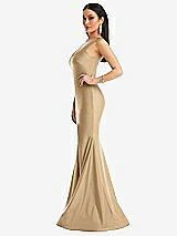 Side View Thumbnail - Soft Gold Square Neck Stretch Satin Mermaid Dress with Slight Train