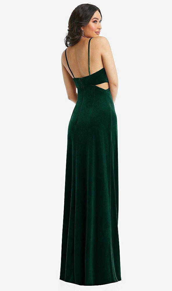 Back View - Evergreen Spaghetti Strap Cutout Midriff Velvet Maxi Dress