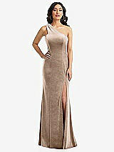 Front View Thumbnail - Topaz One-Shoulder Velvet Trumpet Gown with Front Slit