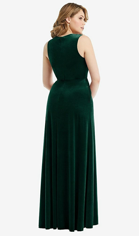 Back View - Evergreen Deep V-Neck Sleeveless Velvet Maxi Dress with Pockets