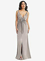 Alt View 1 Thumbnail - Taupe Skinny Strap Plunge Neckline Maxi Dress with Bow Detail