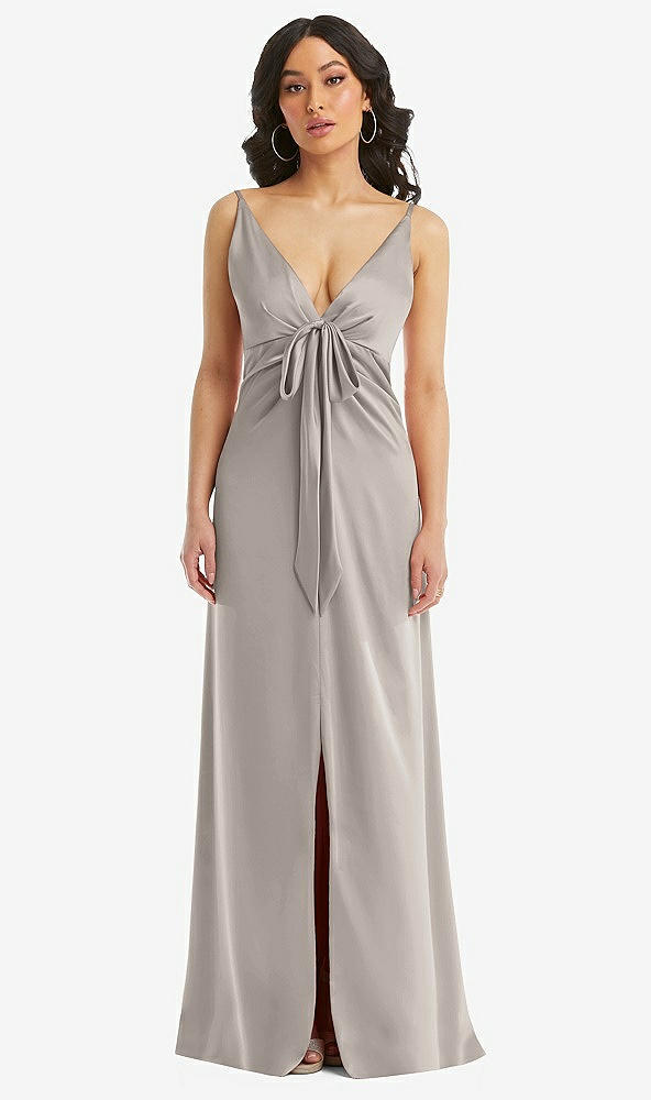 Front View - Taupe Skinny Strap Plunge Neckline Maxi Dress with Bow Detail
