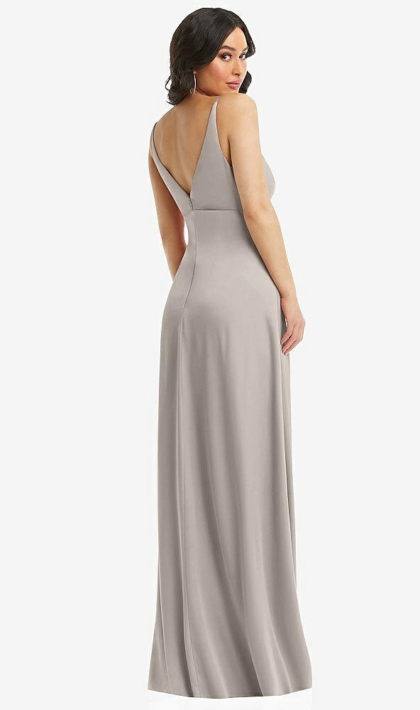 Back View - Taupe Skinny Strap Plunge Neckline Maxi Dress with Bow Detail