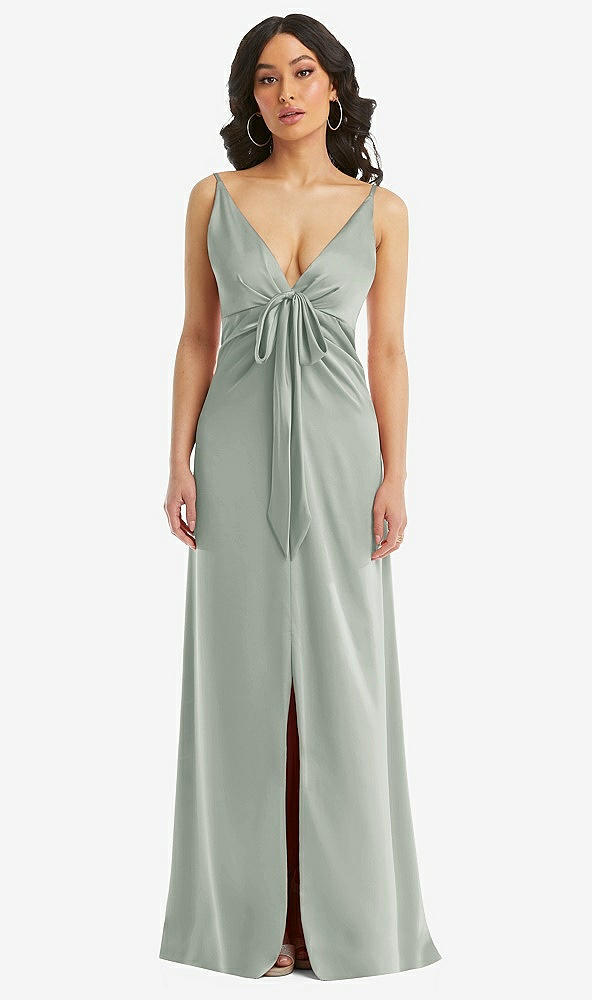 Front View - Willow Green Skinny Strap Plunge Neckline Maxi Dress with Bow Detail