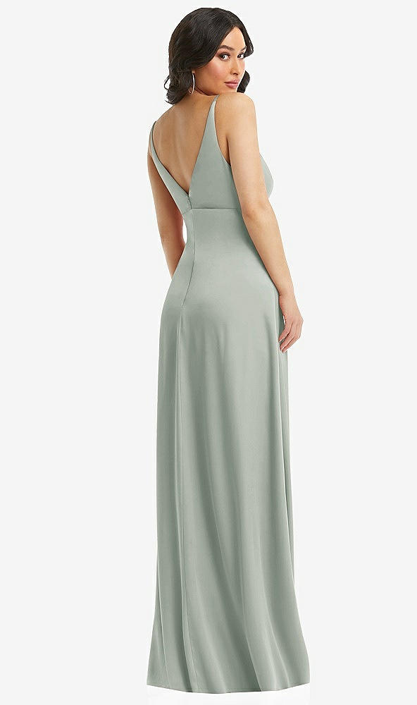 Back View - Willow Green Skinny Strap Plunge Neckline Maxi Dress with Bow Detail