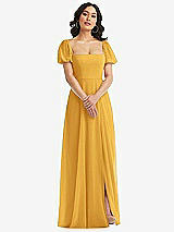 Front View Thumbnail - NYC Yellow Puff Sleeve Chiffon Maxi Dress with Front Slit