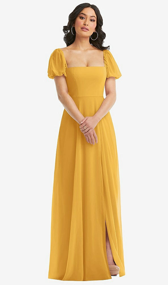 Front View - NYC Yellow Puff Sleeve Chiffon Maxi Dress with Front Slit