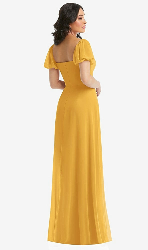 Back View - NYC Yellow Puff Sleeve Chiffon Maxi Dress with Front Slit