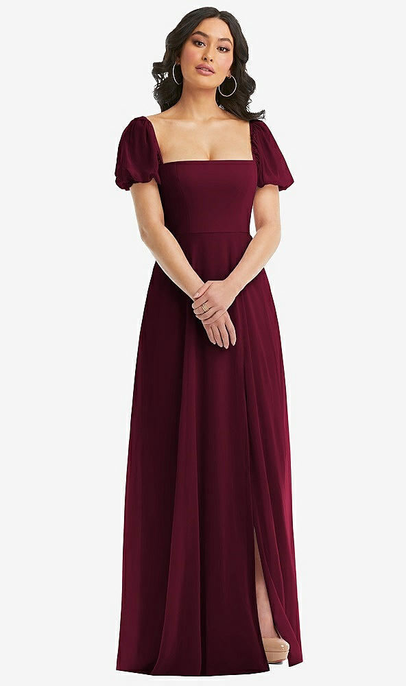 Front View - Cabernet Puff Sleeve Chiffon Maxi Dress with Front Slit