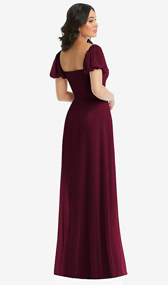 Back View - Cabernet Puff Sleeve Chiffon Maxi Dress with Front Slit
