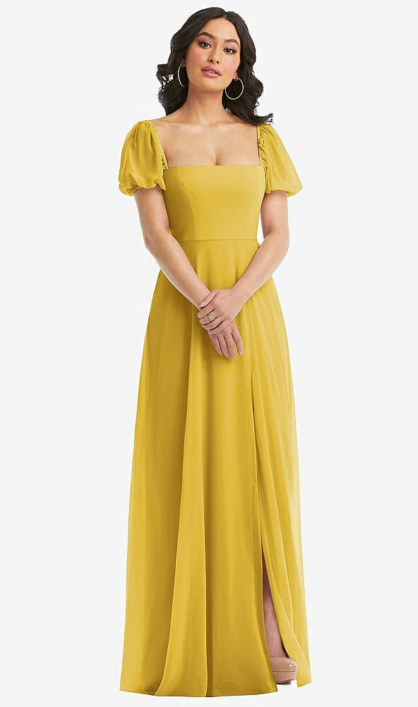 Front View - Marigold Puff Sleeve Chiffon Maxi Dress with Front Slit