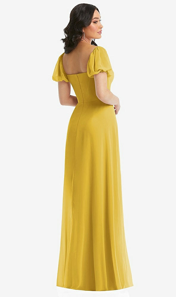 Back View - Marigold Puff Sleeve Chiffon Maxi Dress with Front Slit