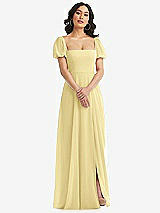 Front View Thumbnail - Pale Yellow Puff Sleeve Chiffon Maxi Dress with Front Slit