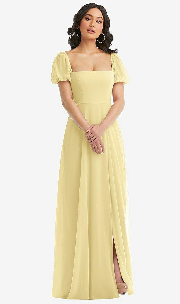 Front View - Pale Yellow Puff Sleeve Chiffon Maxi Dress with Front Slit