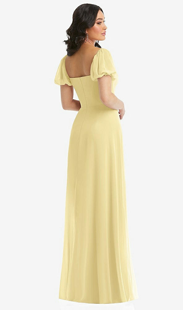 Back View - Pale Yellow Puff Sleeve Chiffon Maxi Dress with Front Slit