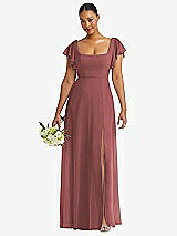 Front View Thumbnail - English Rose Flutter Sleeve Scoop Open-Back Chiffon Maxi Dress