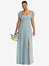 Front View Thumbnail - Morning Sky Flutter Sleeve Scoop Open-Back Chiffon Maxi Dress